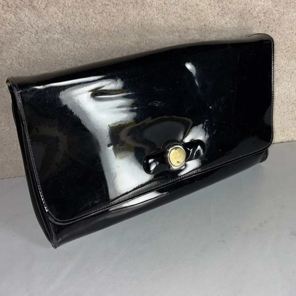 Vintage Crown Lewis Black Patent Leather Clutch -Classic Evening Look